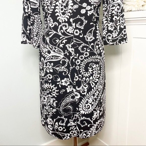 Talbots Paisley Print Shift Dress with Bell Sleeves Black & White 4 Small - Picture 9 of 12
